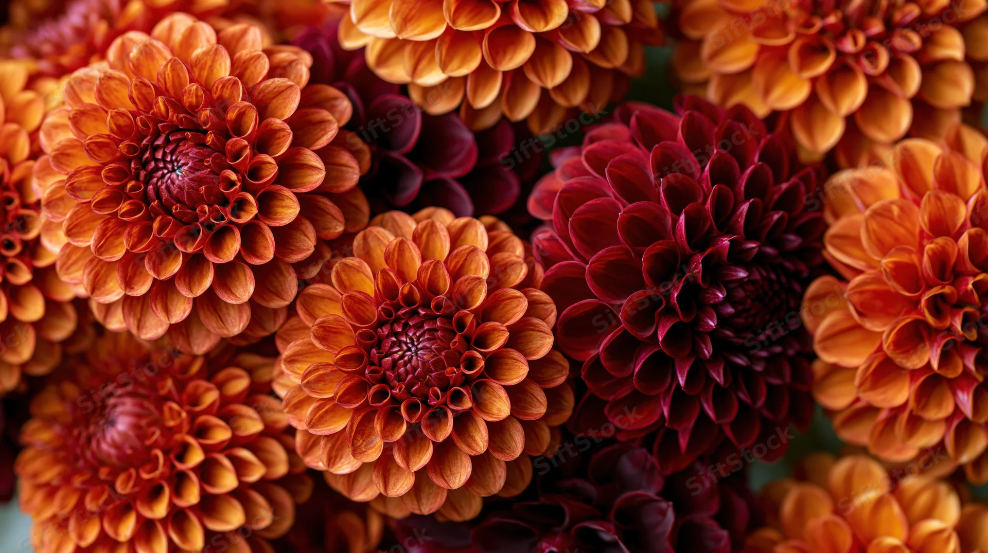 Close-up cluster of orange and deep red dahlia blooms filling the frame