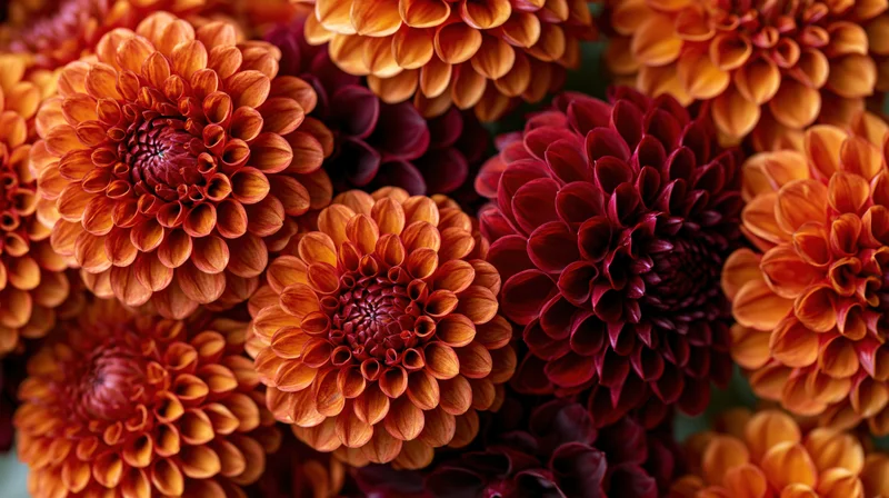 Close-up cluster of orange and deep red dahlia blooms filling the frame