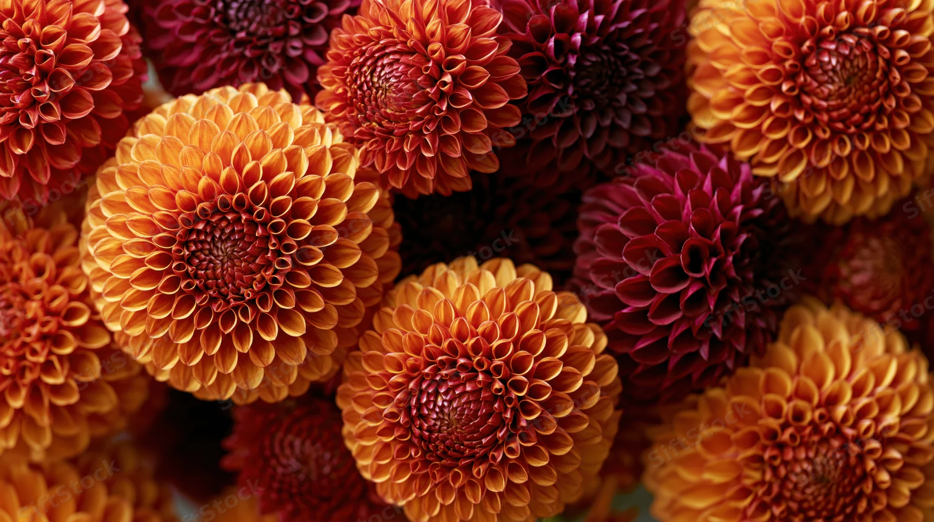 Closeup cluster of orange and deep red dahlia blooms filling the frame
