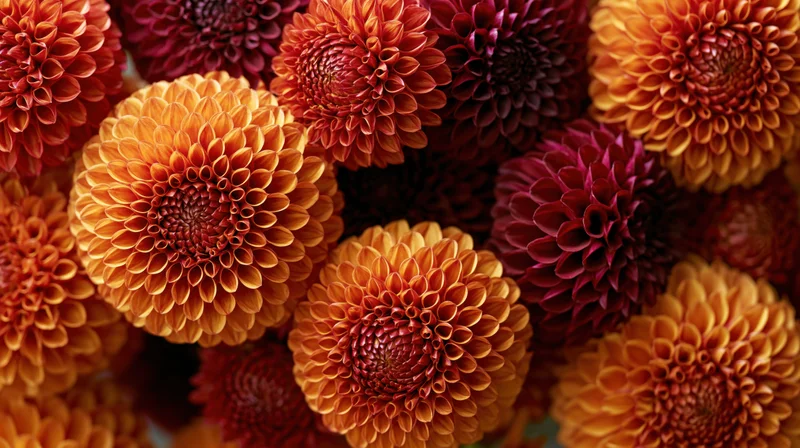 Closeup cluster of orange and deep red dahlia blooms filling the frame