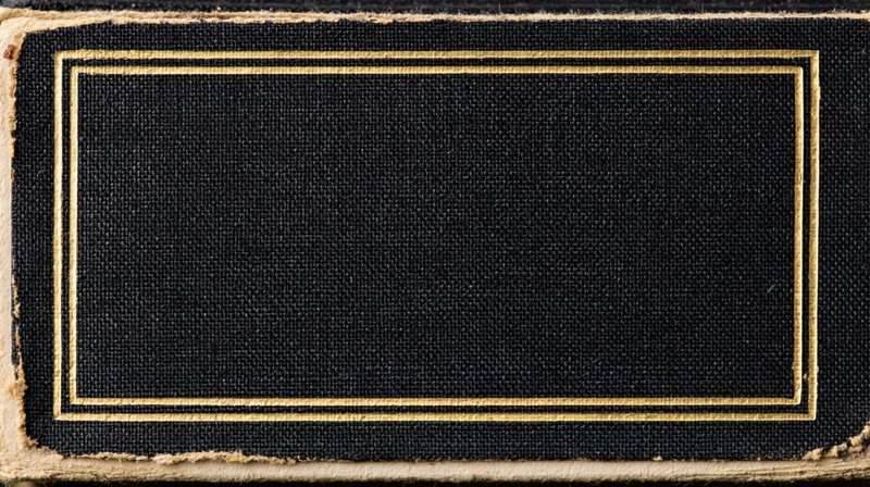 Close-up of an antique hardcover book cover with a blank black fabric center framed by a gold border and frayed edges