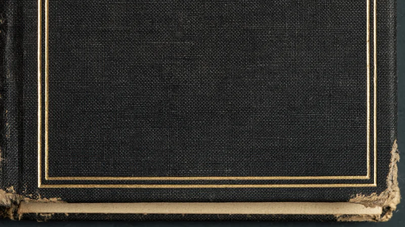 Close-up of an antique hardcover book cover with gold trim and worn edges