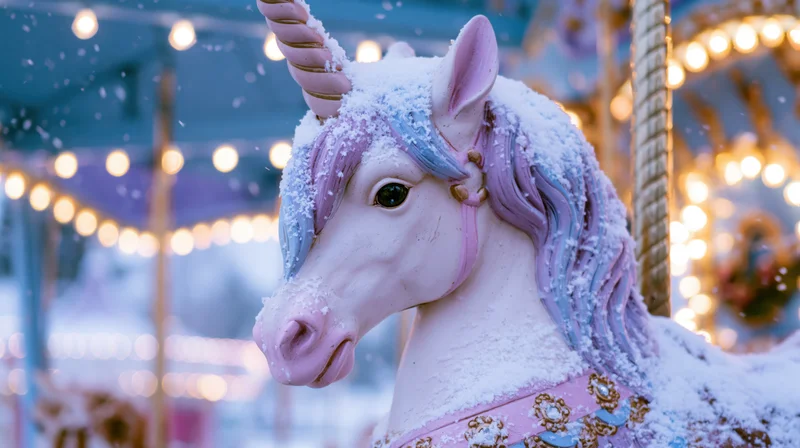 Pastel-colored carousel unicorn figure dusted with snow at a festive winter fairground ride