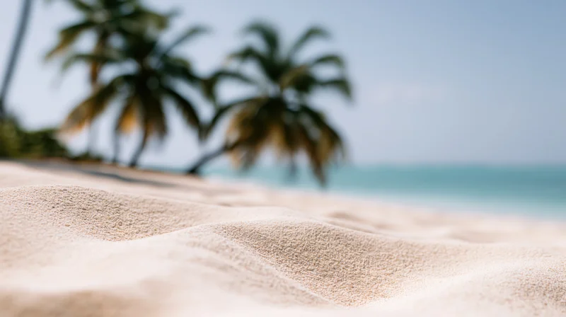 Close-up of smooth white sand with blurred palm trees and ocean in the background