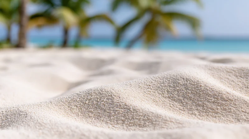 Close-up of smooth white sand on a tropical beach with palm trees and ocean in the background