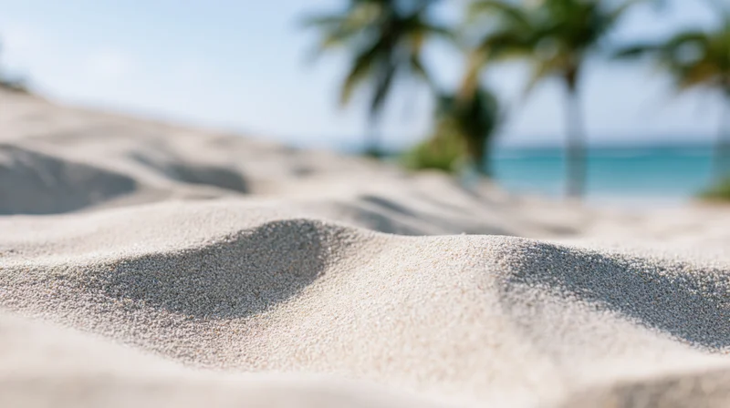 Closeup of smooth white sand dunes on a tropical beach with palm trees and ocean in the background