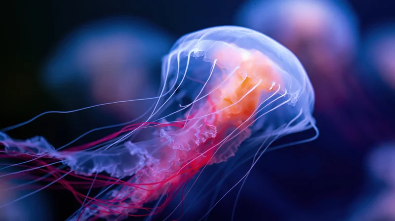 Translucent jellyfish drifting in dark aquarium water with glowing tentacles