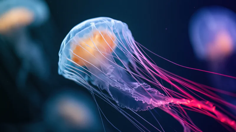 Translucent jellyfish drifting in dark aquarium water with glowing tentacles