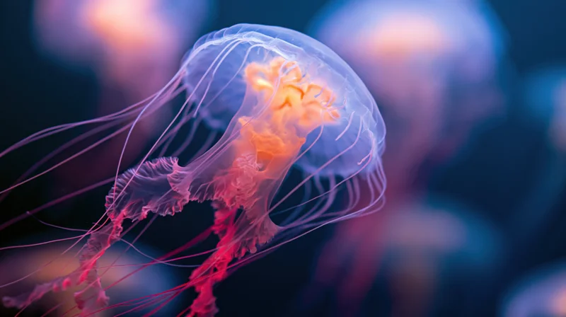 Translucent jellyfish drifting in aquarium water with glowing bell and trailing tentacles