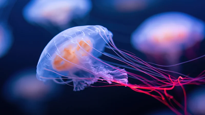 Translucent jellyfish drifting in aquarium water with glowing tentacles