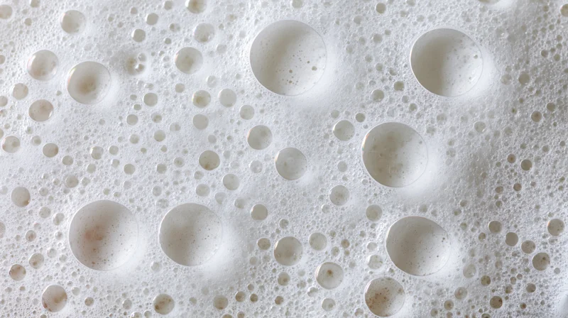 Close-up overhead view of white soap foam surface with bubbles and circular patterns