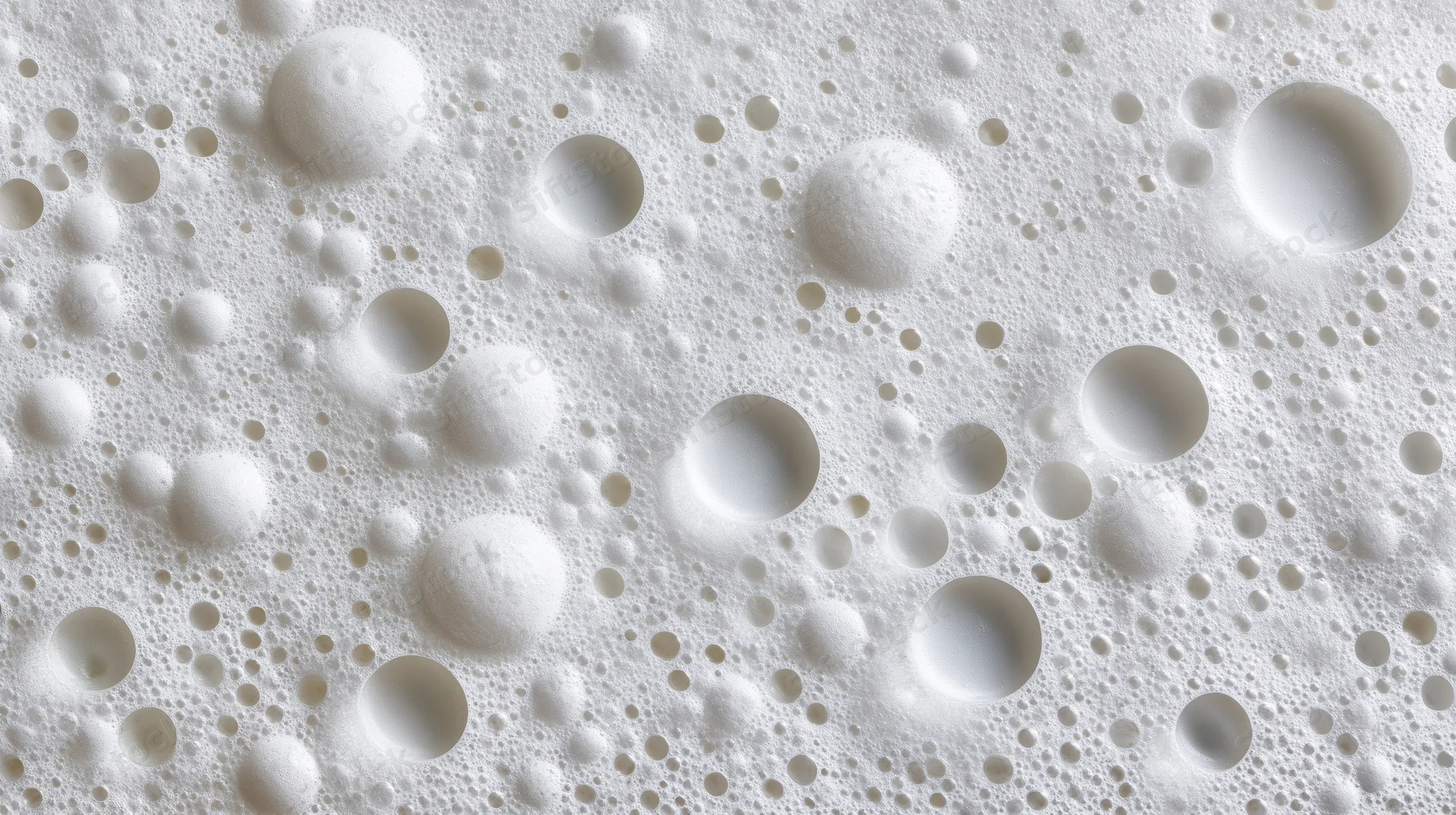 Close-up of white soap foam with bubbles forming a textured surface