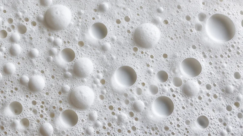 Close-up of white soap foam with bubbles forming a textured surface