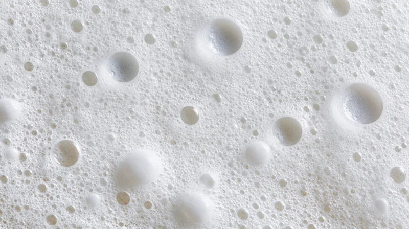 Close-up of white soap foam with bubbles on a smooth surface
