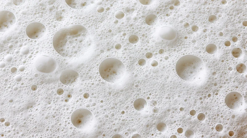 Close-up of white soap foam with bubbles forming a textured surface