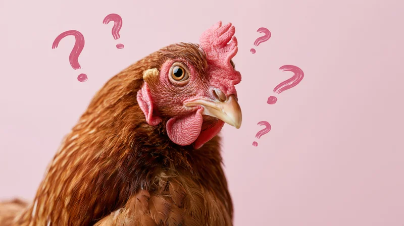 Close-up portrait of a brown hen with question marks around its head against a pink background