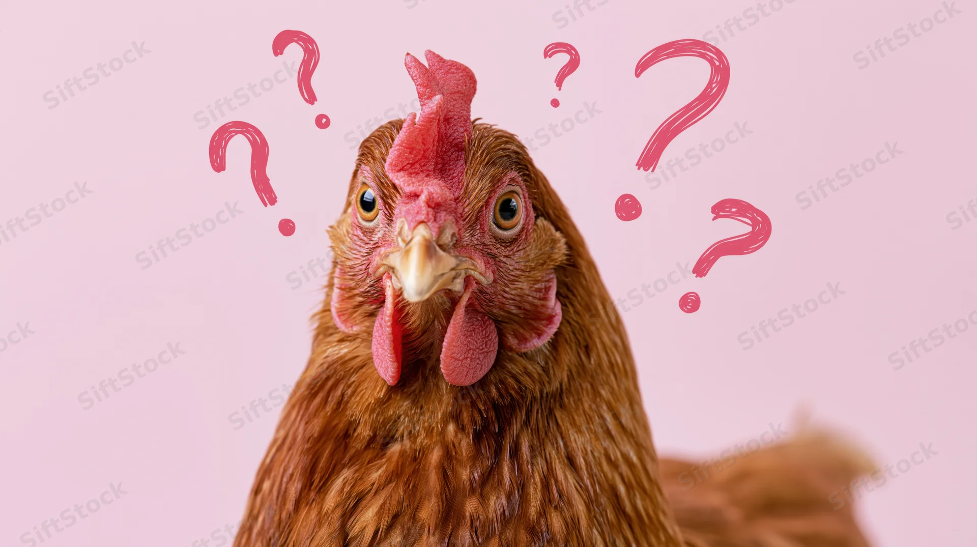 Close-up portrait of a brown hen staring directly at camera with question marks around its head on a pink background