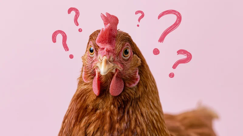 Close-up portrait of a brown hen staring directly at camera with question marks around its head on a pink background