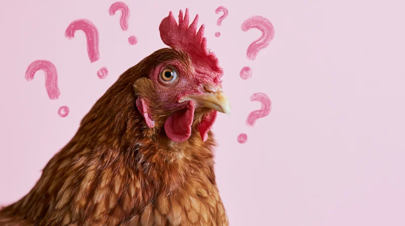 Close-up portrait of a brown hen with red comb and wattle staring directly at camera against pink background with illustrated question marks around its head