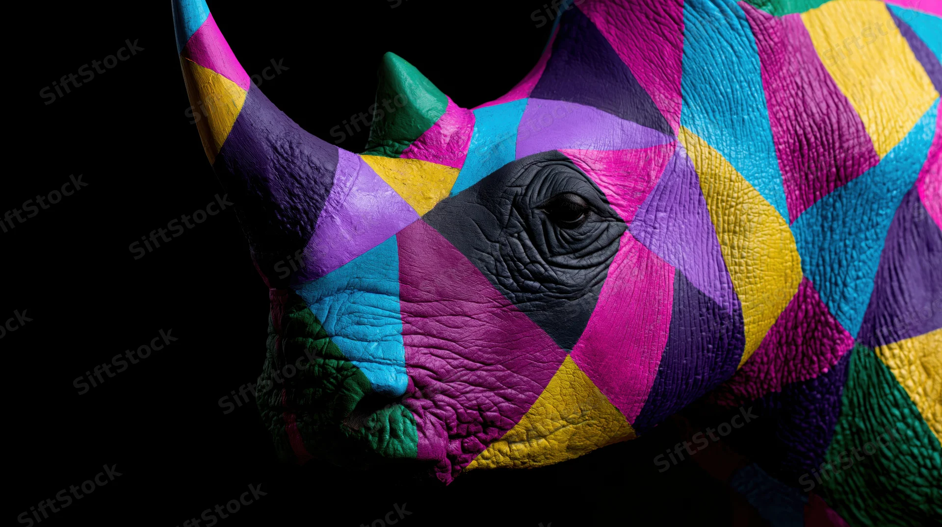 Close-up side profile of a rhinoceros head painted with bold geometric patterns in vibrant colors against a dark background