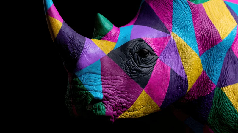 Close-up side profile of a rhinoceros head painted with bold geometric patterns in vibrant colors against a dark background