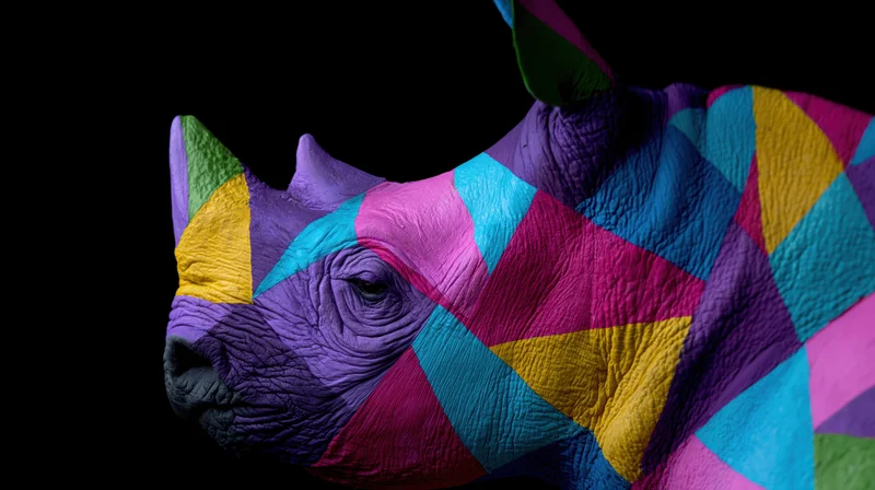 Rhinoceros head in colorful geometric pattern against black background