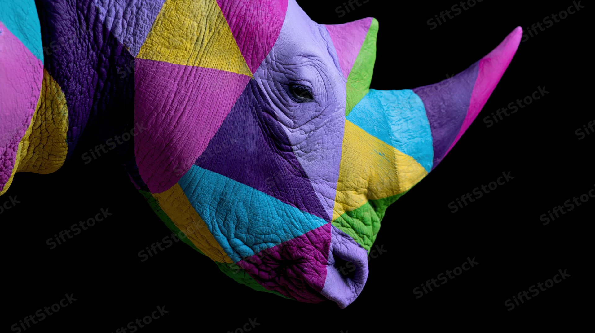 Close-up side profile of a rhinoceros head painted with bold geometric patterns in vibrant colors against black background