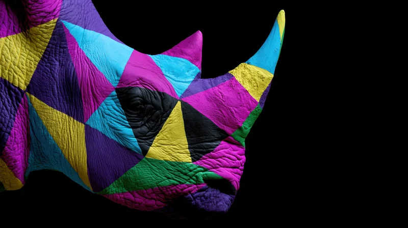 Rhinoceros head in vibrant geometric pattern against black background