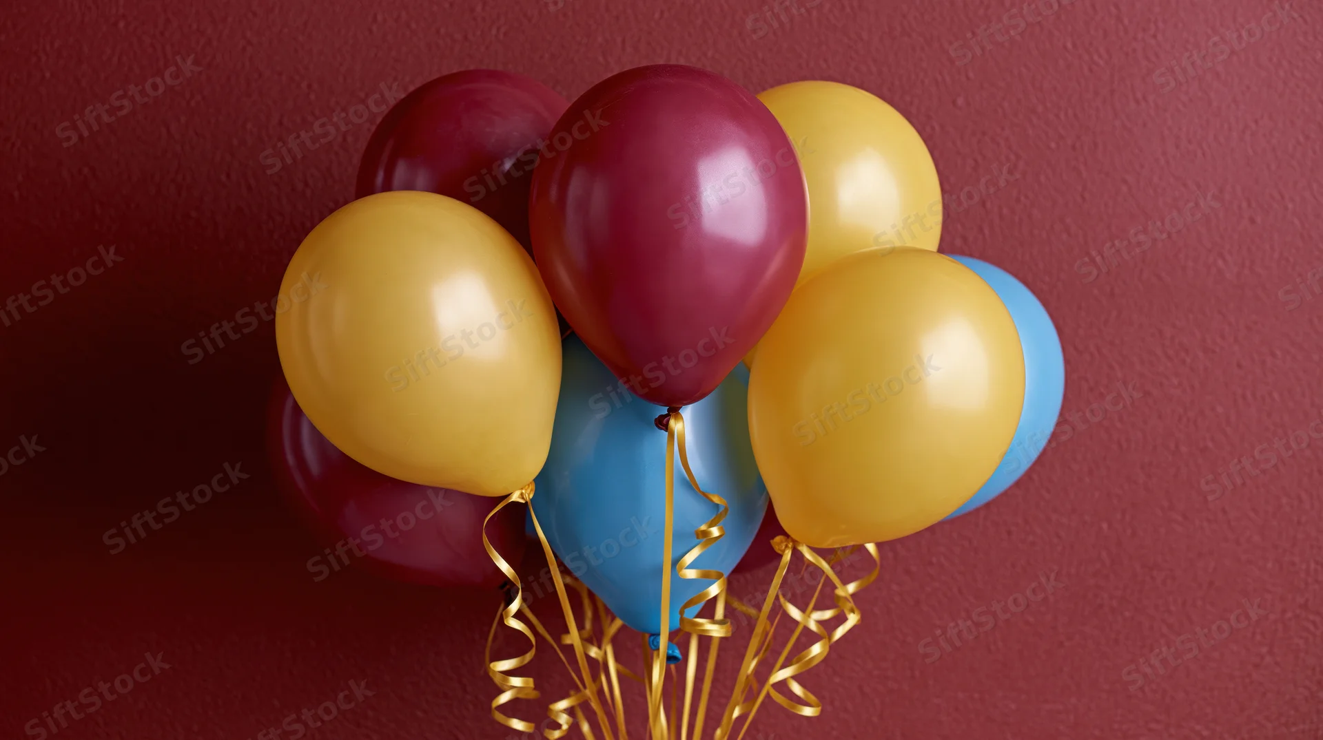 Cluster of burgundy yellow and blue latex balloons with golden ribbons against a red wall