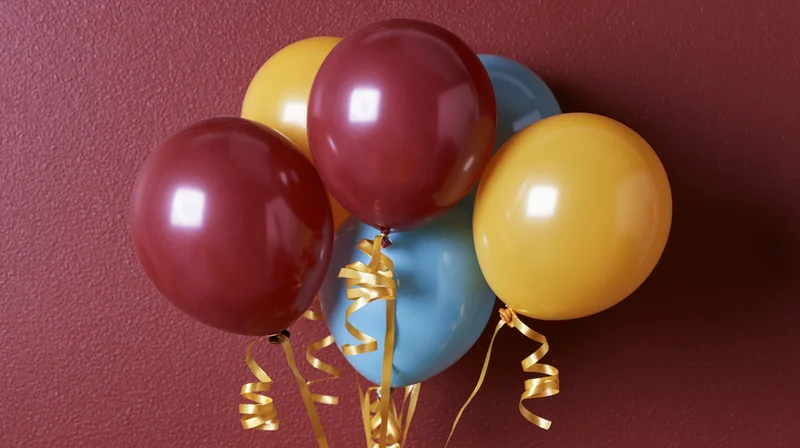 Cluster of burgundy yellow and sky blue latex balloons with gold ribbons against a maroon textured wall