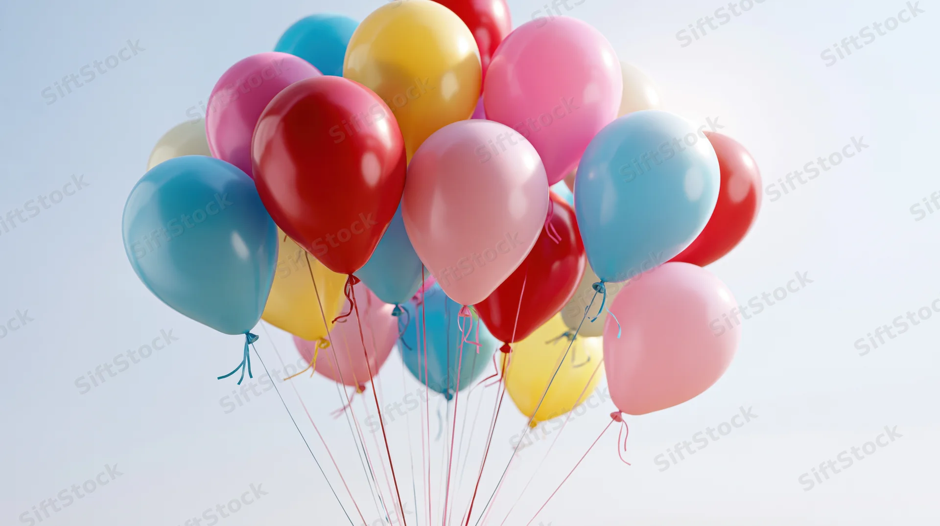 Cluster of colorful helium balloons floating upward against a light sky background