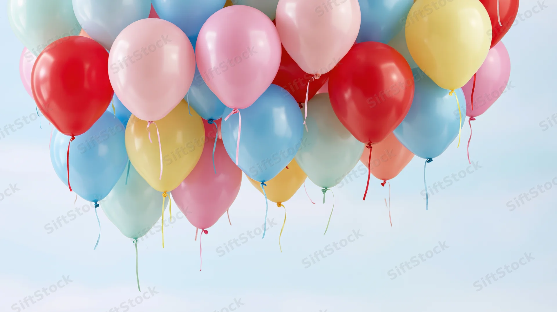 Cluster of colorful helium balloons floating upward against a light blue sky with copyspace below