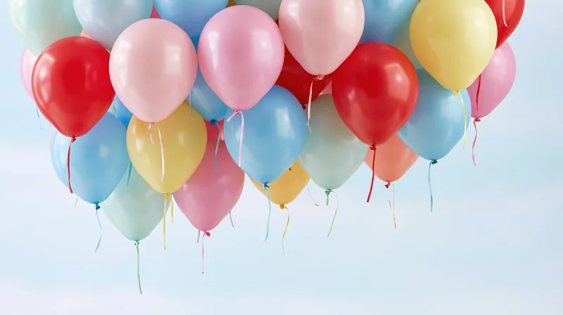 Cluster of colorful helium balloons floating upward against a light blue sky with copyspace below