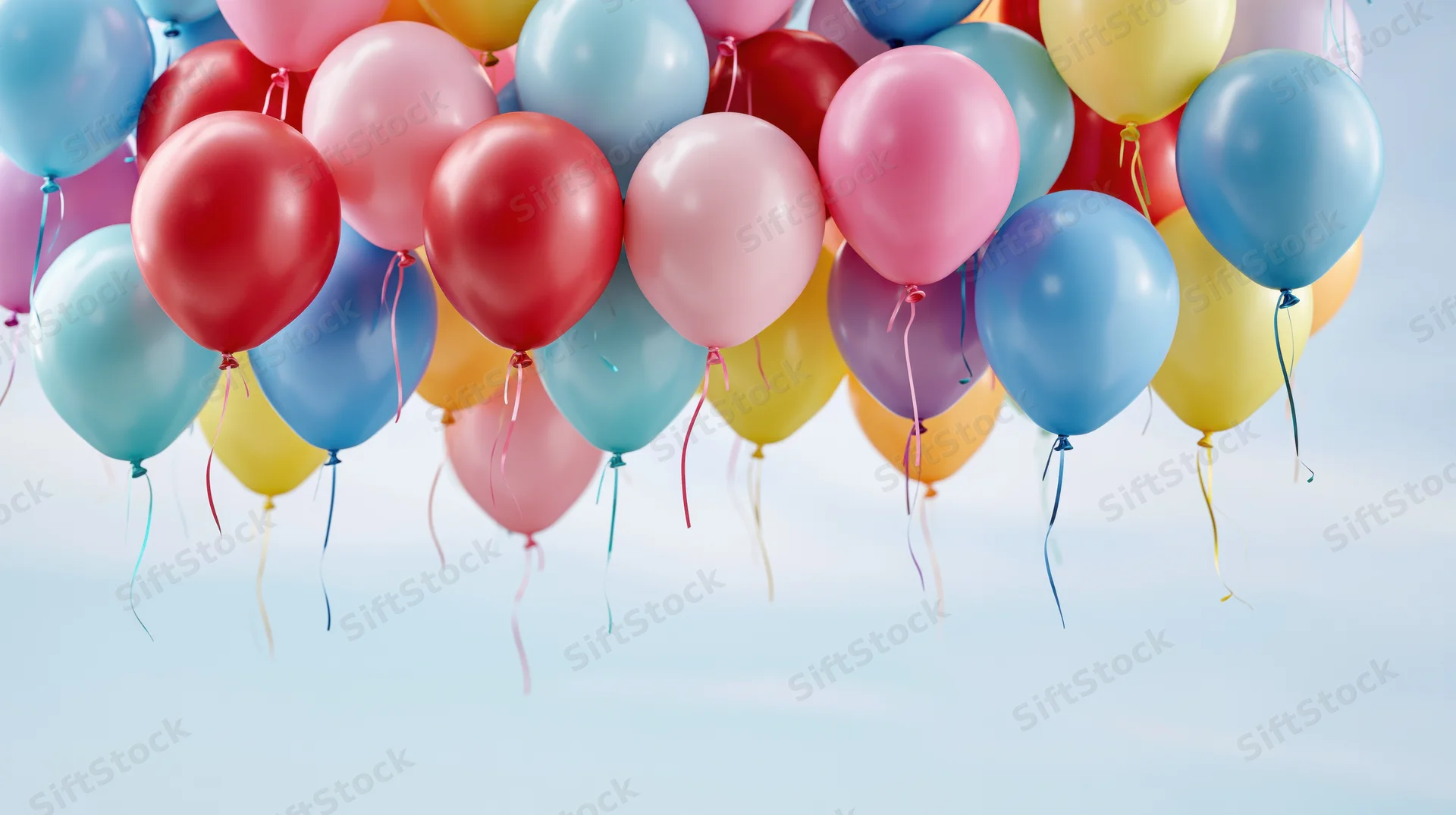 Cluster of colorful helium balloons floating upward against a light blue sky