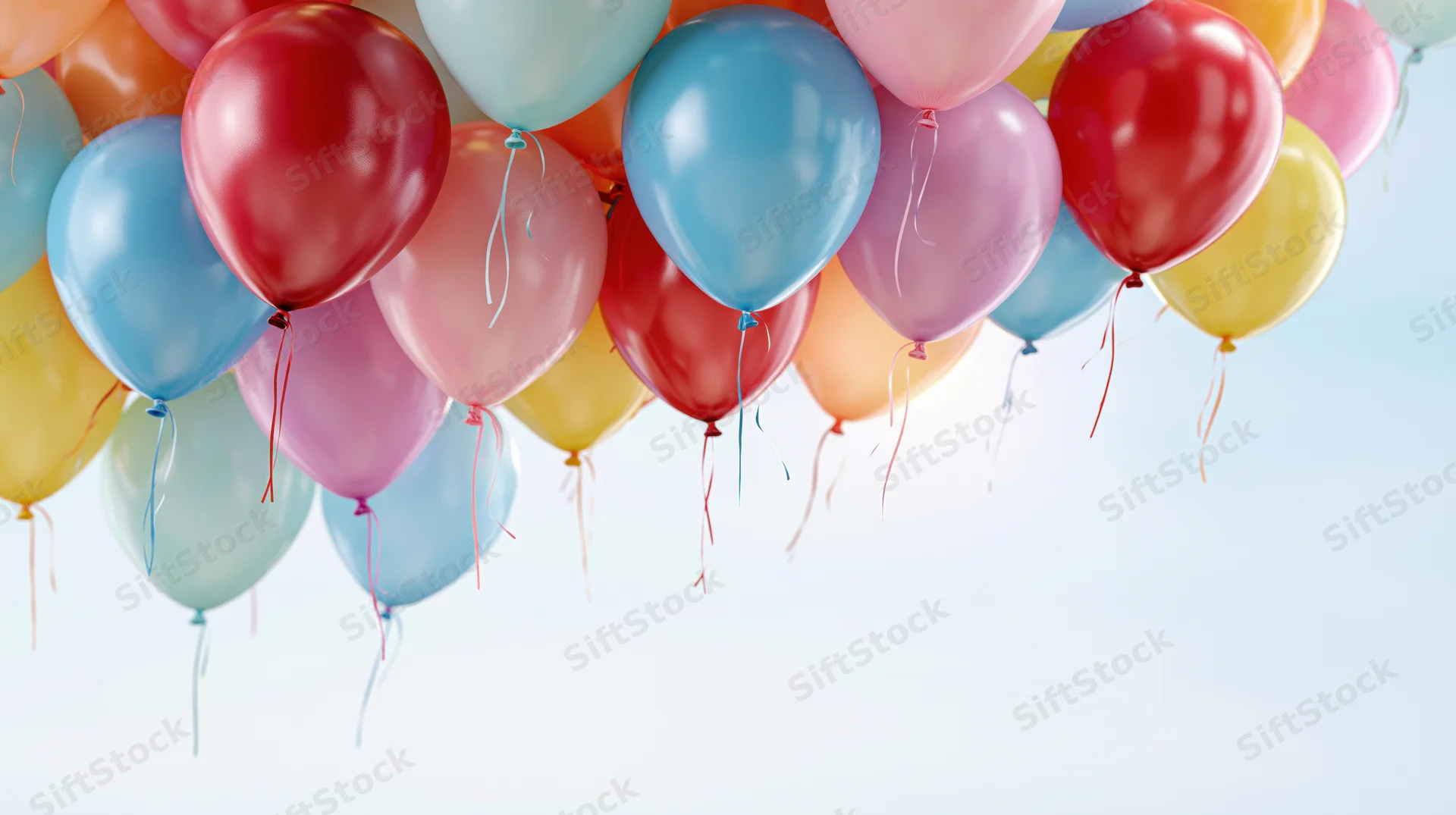 Cluster of colorful helium balloons floating upward against a light sky with copyspace below
