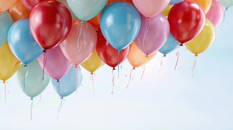 Cluster of colorful helium balloons floating upward against a light sky with copyspace below