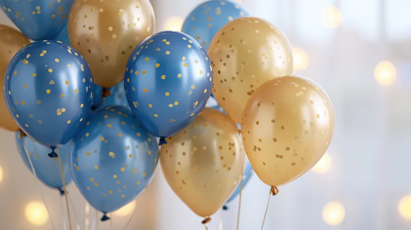 Cluster of glossy blue and gold helium balloons with polka dots floating indoors near soft lights