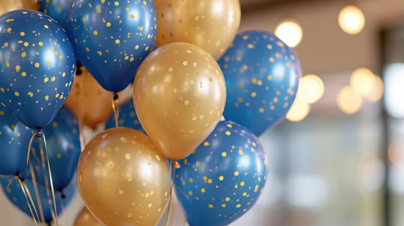 Cluster of blue and gold helium balloons with confetti dots