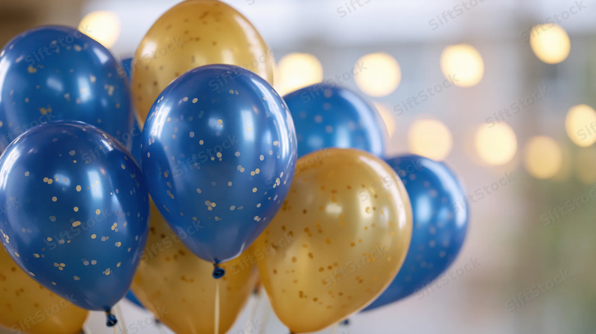 Cluster of glossy blue and gold helium balloons with confetti speckles floating indoors near blurred lights