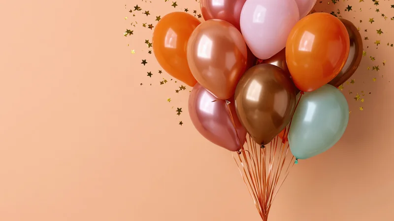 Cluster of glossy party balloons in orange, pink, and rose gold with gold star confetti against a peach background