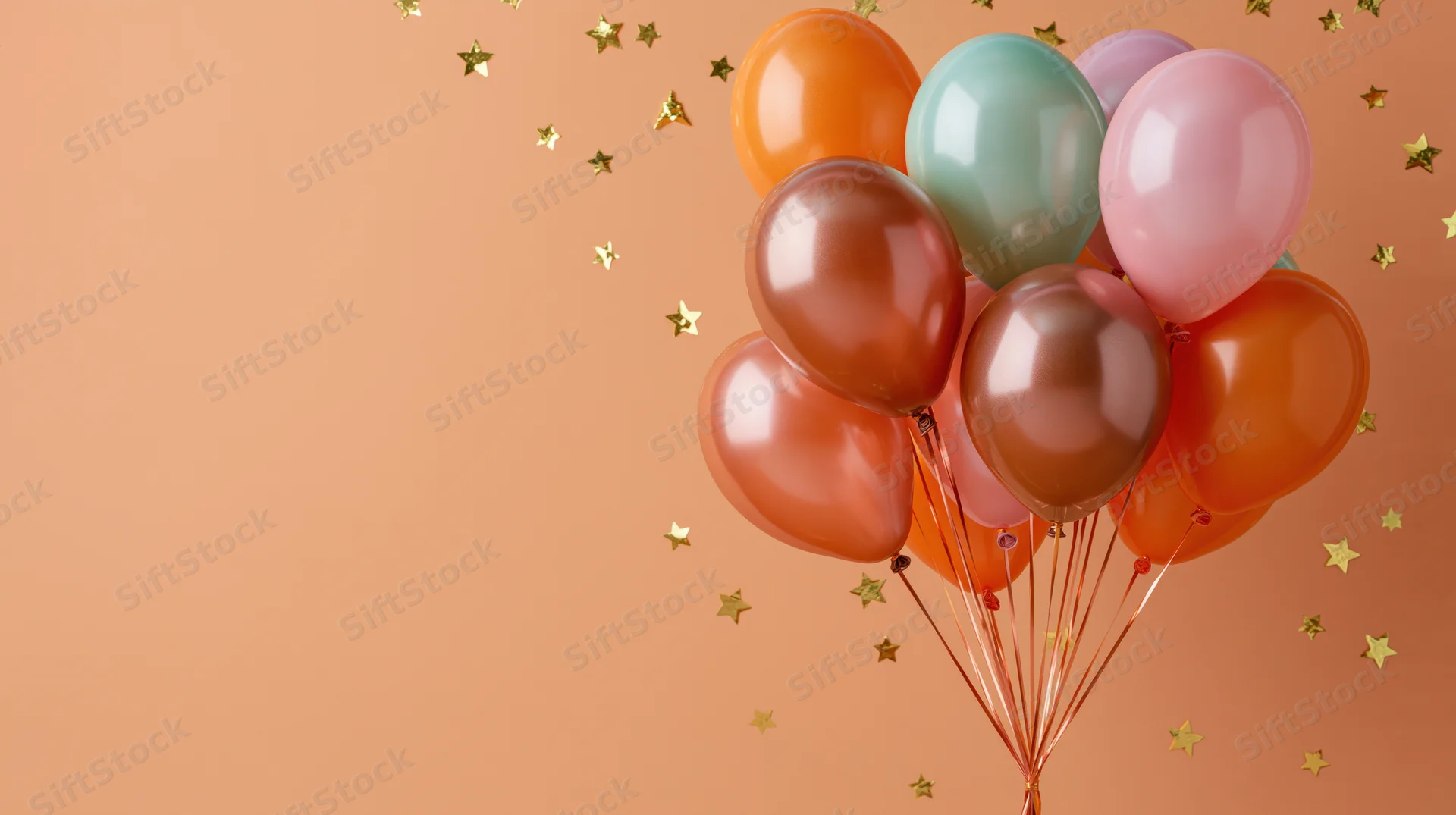 Cluster of glossy party balloons in orange pink and rose gold with gold stars on peach background