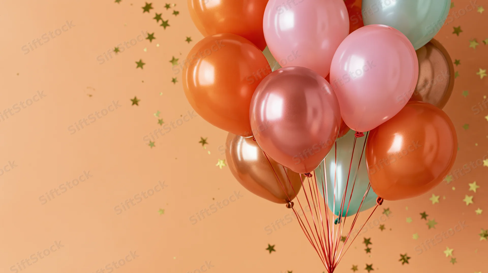 Cluster of glossy party balloons in orange pink and rose gold floating against a peach background with gold star confetti and copyspace on the left