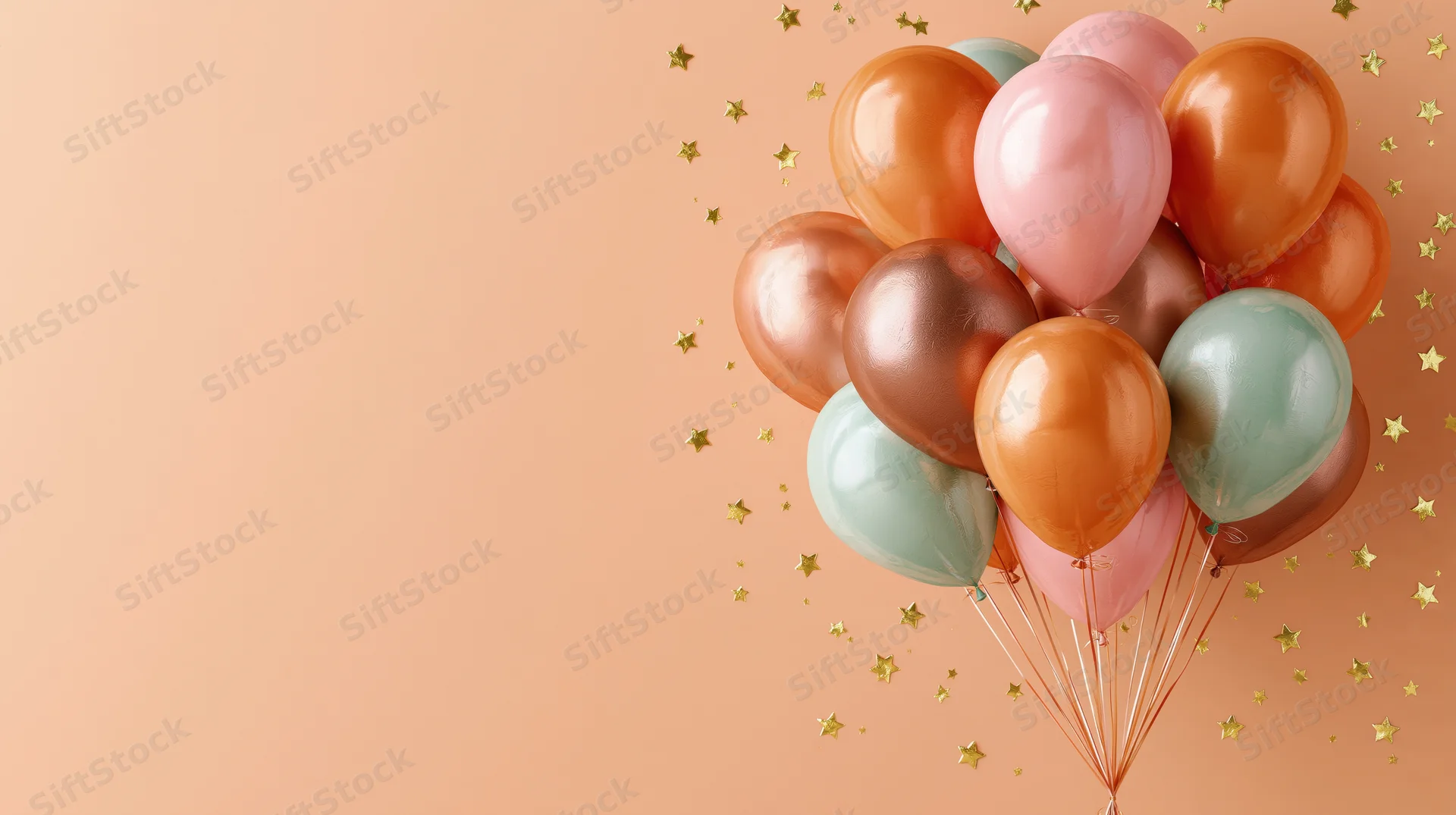 Cluster of glossy party balloons in orange, pink, rose gold, and mint green with golden stars on peach background