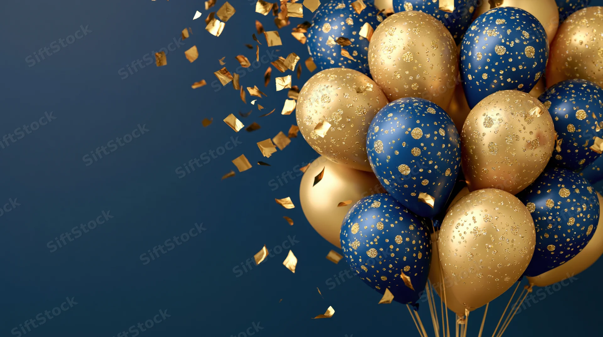 Cluster of gold and navy blue balloons with falling confetti against dark blue background