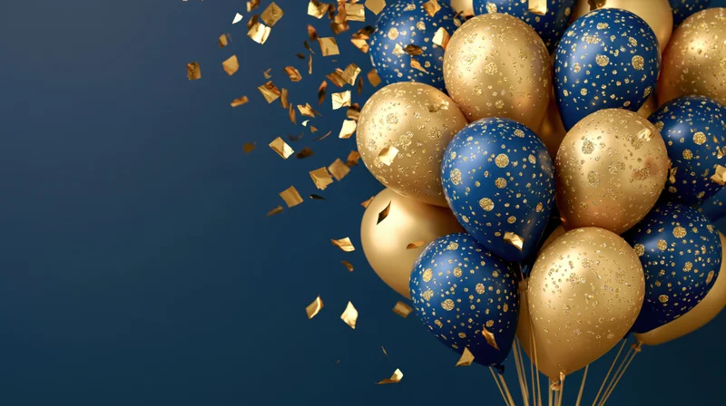 Cluster of gold and navy blue balloons with falling confetti against dark blue background