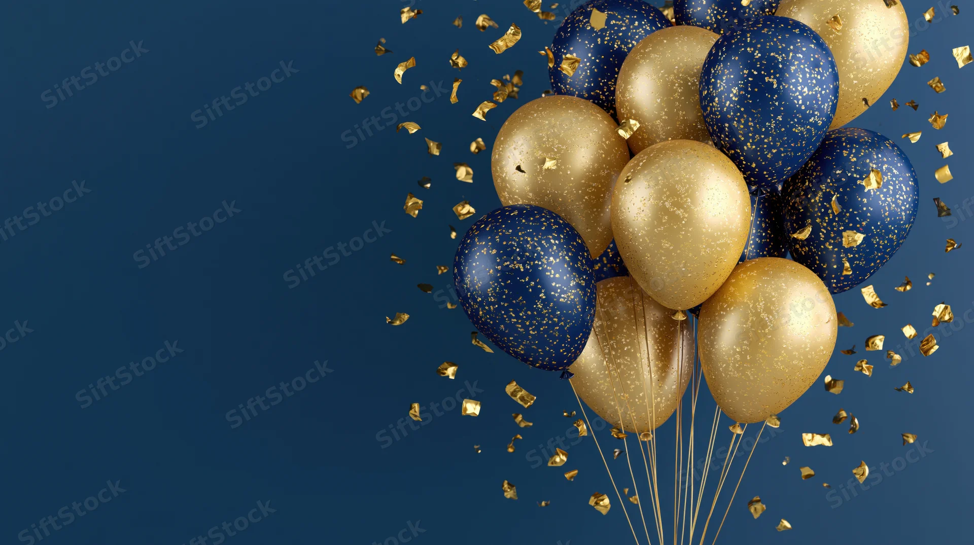 Cluster of gold and navy blue helium balloons with floating gold confetti against a dark blue background