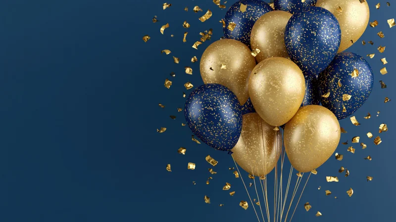 Cluster of gold and navy blue helium balloons with floating gold confetti against a dark blue background