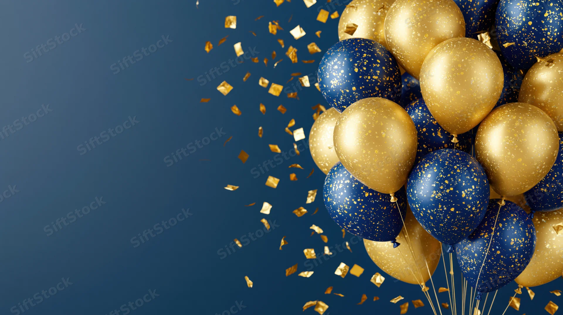 Cluster of gold and navy blue helium balloons with falling gold glitter confetti against a dark blue background