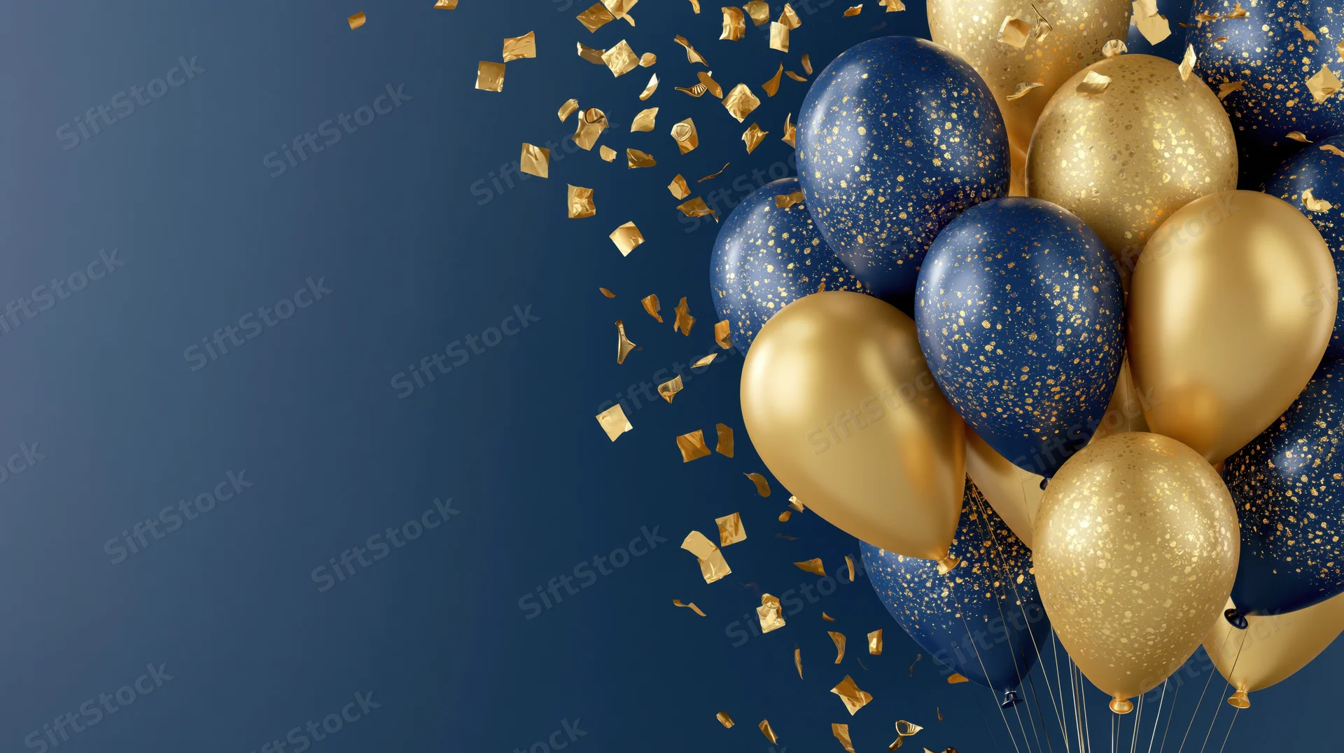 Cluster of gold and navy blue helium balloons with falling gold confetti against a dark blue background