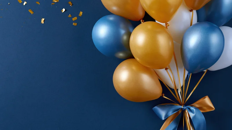 Cluster of gold blue and white balloons tied with a satin ribbon on navy background with confetti and copyspace